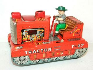Vintage 1950s Battery Operated 7.  5 " Tin Litho Yellow Tractor T - 27,  Made In Japan