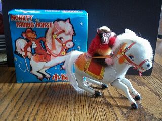 Vintage Monkey Riding Horse Tin Wind Up Clockwork China 5.  5 " Box /key