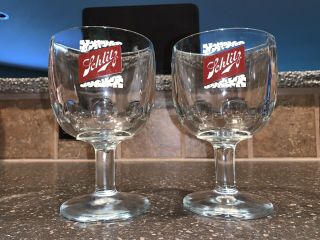 2 Vintage 70’s Schlitz Heavy Glass Beer Logo Thumbprint Schooner Goblet Cup Mugs
