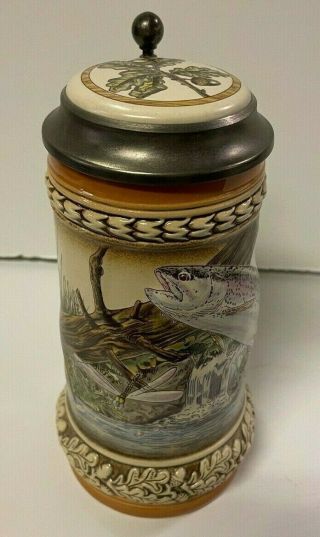 Beer Stein Leaping Trout Stoneware Lid Gerz Budweiser Germany Fish Fishing