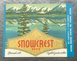 Phoenix 1963 Snowcrest 11 Oz Beer Bottle Label Arizona Brewing Co Mountains Az