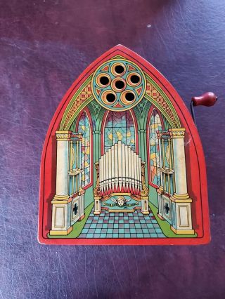 Vintage J Chein Tin Wind Up Church Organ Misic Box