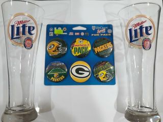 Set Of 2 Green Bay Packers Miller Lite Tall Pilsner Beer Glasses / Pack Of Pins.