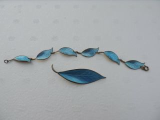 Vintage David Andersen Norway Sterling Silver Blue Enamel Leaf Bracelt & Brooch