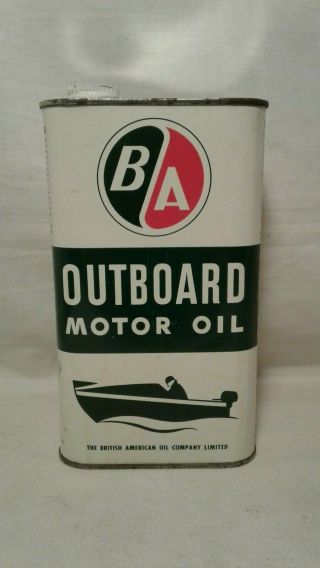 Vintage B/a Outboard Motor Oil Tin Can With B/a On Cap Quart Gas