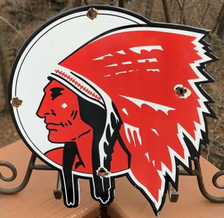 Vintage 1950s Porcelain Red Indian Head Die Cut Gas And Oil Sign
