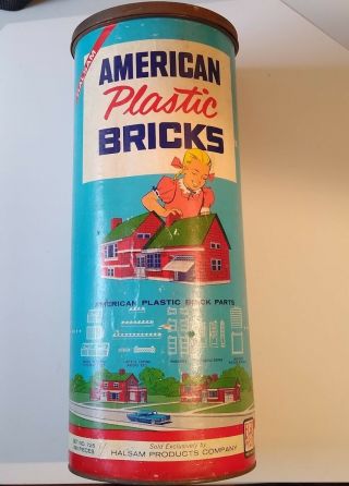 Vintage AMERICAN PLASTIC BRICKS Building Set by Halsam No.  725 w/ Orig Canister 2