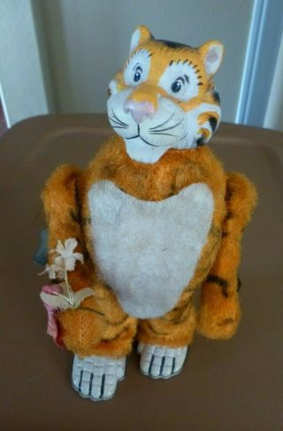 Vintage Marx Mechanical Walking Tiger With Bouquet Wind Up Toy 1966,