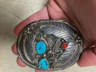 Vintage Ht Sterling Belt Buckle Turquoise And Coral