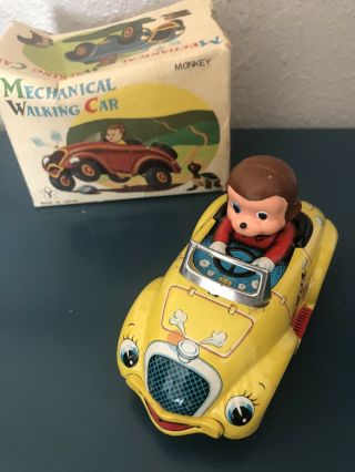 Vintage Tin Toy Wind Up Japan Monkey Driving Car Yonezawa 1960’s