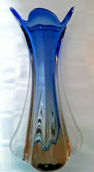 Large Vintage Murano Blue And Amber Sommerso Art Glass Vase C1960 