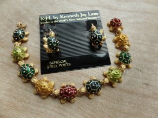 Vintage Kjl Kenneth Jay Lane Gold - Tone Enamel Turtle Bracelet And Earrings