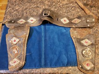 Vintage Western Cowboy Leather 2 Gun Holster,  Embossed W/ Cowboys And Ornaments.