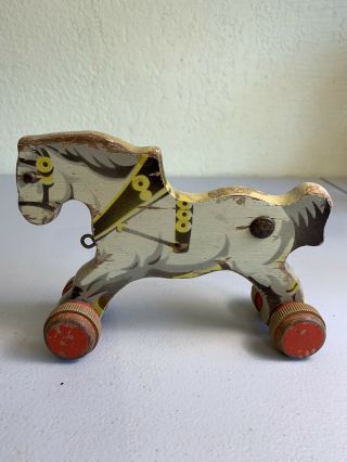 1940s Vintage Wooden Gecevo German Pull Toy Horse On Wooden Wheels 5”x 6”