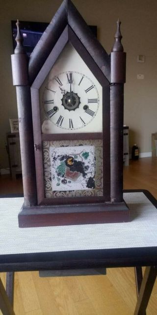Vintage E N Welch Eight Day 30 Hour Mantel Shelf Chime Clock With Key Wood Case