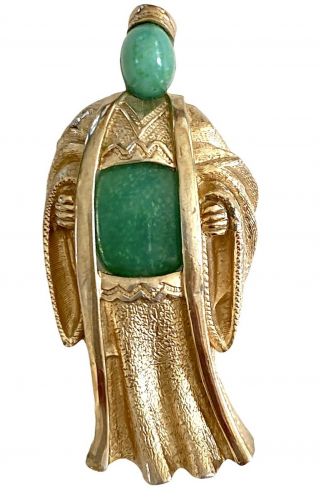 Vintage Hattie Carnegie Asian Oriental Man Pin Brooch Gold Plated Faux Jade