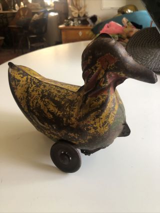 Antique Vintage Pressed Steel Duck On Wheels Paint