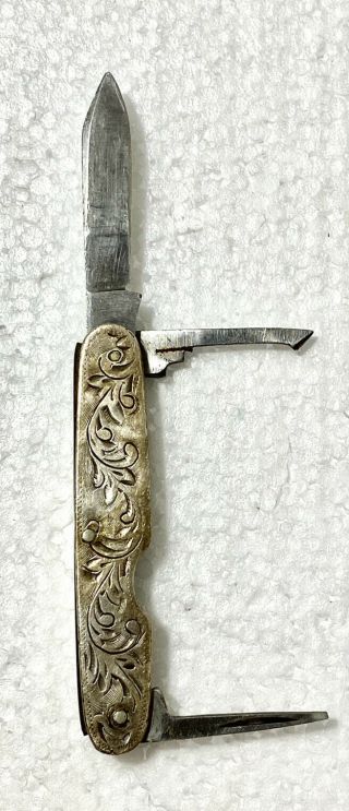 Vintage Oriental Japan Sterling Silver Gents Etched Camp Utility Pocket Knife.