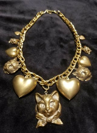 Vintage Signed Pididdly Links Kingston Ny Cat & Heart Charm Necklace Gold Brass