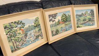 Vintage (set Of 3) Paint By Number Cabin/cottage/house Water Trees Scenes Framed