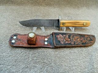 Vintage Custom Made Fixed Blade Knife With Tooled Leather Sheath