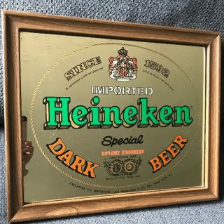 Vintage Heineken Special Dark Beer Bar Mirror 17  X 14 .  Wooden Frame