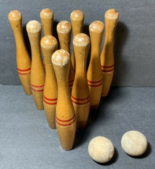 Vintage Miniature Wooden Bowling Game - 10 Wood Bowling Pins & 2 Balls - 7” Pins