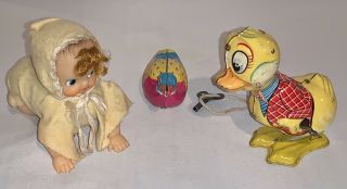 2 Vintage 1950’s Japan Line Mar Tin Wind Up Duck & Crawling Baby Marx?
