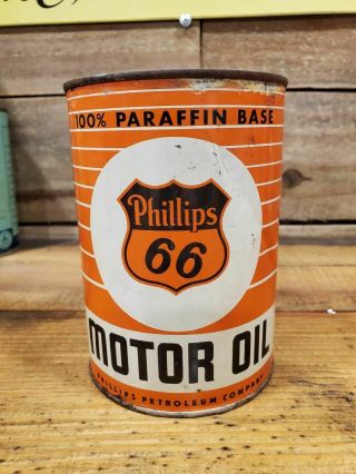 Vintage Phillips 66 Motor Oil Can Metal Quart 100 Paraffin Base Qt