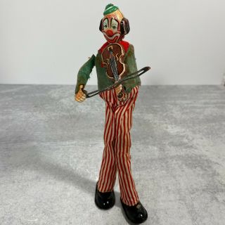 Vintage Tsp Japanese Tin Wind Up Toy " Happy,  The Violinist " Circus Clown