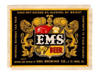 1930s Ems Brewing Co,  East St Louis,  Illinois Ems Beer Irtp Label