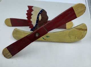 Vintage Folk Art Whirligig Native American Chief Canoe Handmade Wood Weathervane