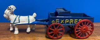 Vintage Toy Cast Iron Express Wagon Cart Pulled By Goat - Blue Cart Red Wheels