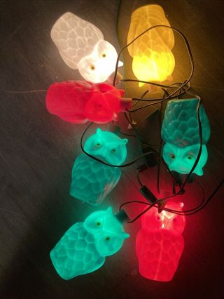 Vintage String of 7 Blow Mold Plastic Owls Patio RV Camping Party Lights Set 2