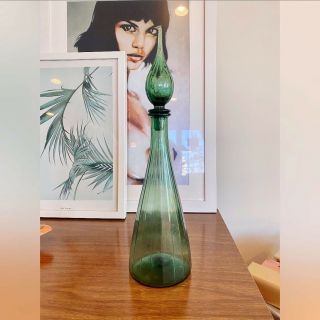 Vintage Mid Century Empoli Italian Green Paneled Glass Genie Bottle Decanter 16”
