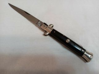 False Button Vintage Italian Stiletto Knife 9  Script Horn Scale