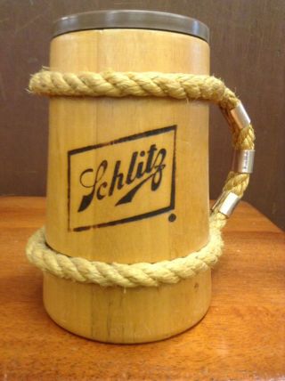 Vintage Wooden Schlitz Beer Mug Rope Handle