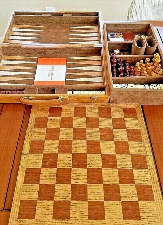 Vintage Backgammon,  Chess,  Checker,  Dominoes & Cribbage Set Quality Oak Case