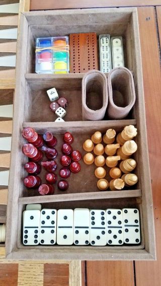 Vintage Backgammon,  Chess,  Checker,  Dominoes & Cribbage Set Quality Oak Case 3