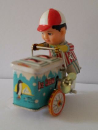 Vintage Wind Up Ice Cream Trolley Vendor Litho Tin Toy,  China (a10)