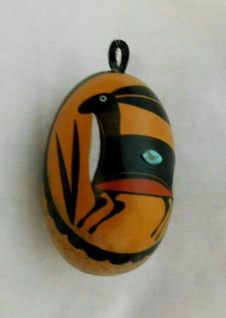 Vtg Signed Robert Rivera Gourd Ornament Hand Painted Mimbres Rabbits W/turquoise