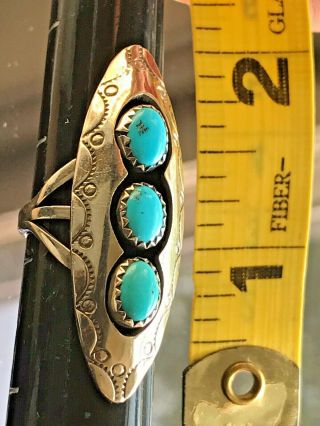 8gr Vintage Navajo Sterling Silver Turquoise Beads 2 " Oblong Chased Ring 5.  75
