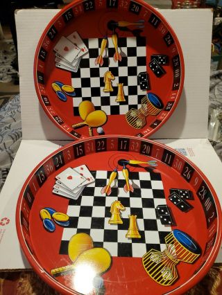 Metal/tin Tray Gamers Tray Roullette Chess Cards Dominoes Etc.  Set Of 2