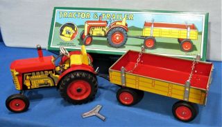 Tin Farm Tractor & Trailer Toy Wind - Up 4 Speed Transmission Box