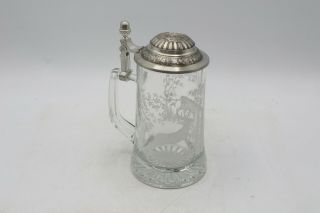 Vintage Zinn Bayern German Pewter And Glass Beer Stein With Lid - Deer