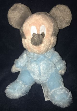 Disney Parks 9” Mickey Mouse Baby Plush Pastel Blue With Chime Rattle Stuffed