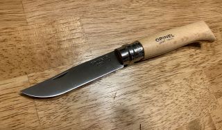 Opinel No 8 Folding Knife 3.  25 " 12c27 Sandvik Stainless Blade Beech Handle