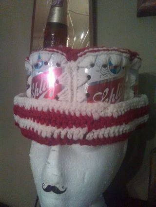 Vtg 70s Schlitz Beer Can Hat Red Crochet Winter Bucket Hat Mens Party Osfa