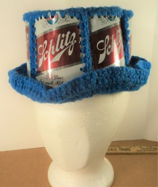 Vintage 70s Schlitz Beer Can Hat Blue Crochet Bucket Hat Knitted Party One Size
