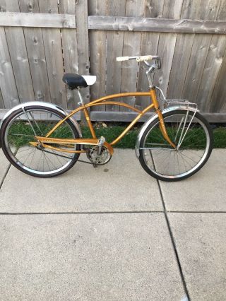 1960’s Vintage Sears Boys Bicycle: Gold Frame 24 Inch Wheels With Vintage Tires.